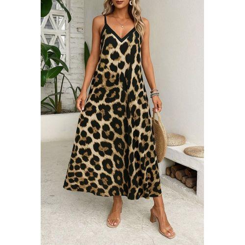 Kadın Ip Askılı Geniş V Yakalı Leopar Desenli Süprem Elbise