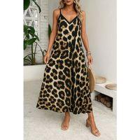 Kadın Ip Askılı Geniş V Yakalı Leopar Desenli Süprem Elbise