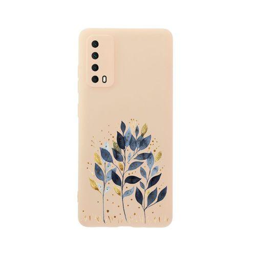 Huawei Psmart 2021 Mavi Yaprak Desenli Premium Silikonlu Pembe Telefon Kılıfı
