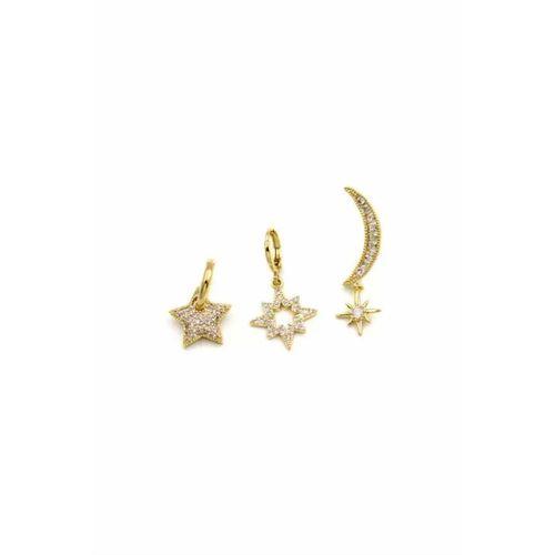 3'lü Taşlı Halka Küpe - Altın