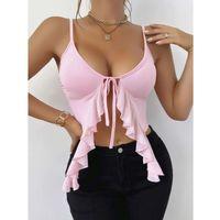 Pembe İnce Askılı Önden Bağlamalı Fırfır Detaylı Crop