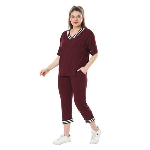 Melsay Butik Bordo V Yaka Şerit Detaylı Kısa Kollu Beli Lastikli Kapri Takım