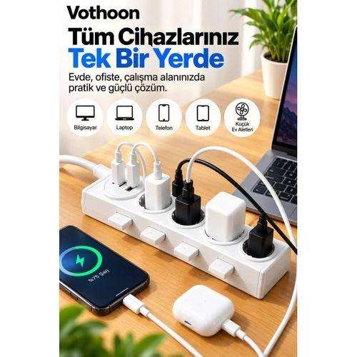 4’lü Akıllı Priz Tek Dokunuşla Fiş Çıkarma 2 Metre Kablo 2 Type-c + Usb 15w Hızlı Şarj 3680w Krem