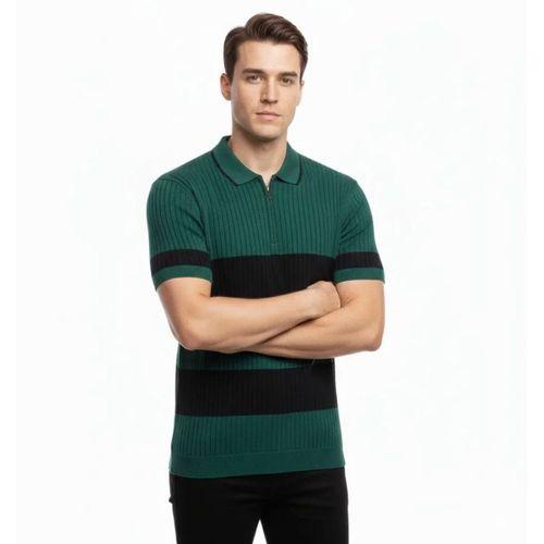 Erkek T-shirt Çizgili Triko Dokuma Kumaş Polo Yaka Yarım Fermuarlı Regular Kalıp Tişört - Çağla Yeşili