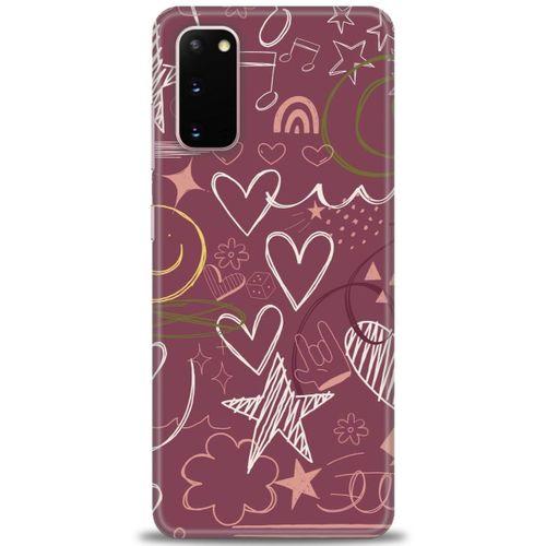 Samsung Galaxy S20 Kılıf HD Baskılı Kılıf - Notalar ve Kalpler Bordo + Tam Ekran Koruyucu
