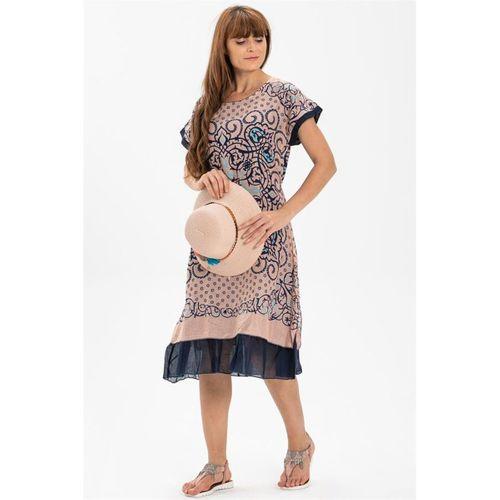 Kısa Kol Vual Defne Midi Boy Yazlık Otantik Elbise Somon 6028