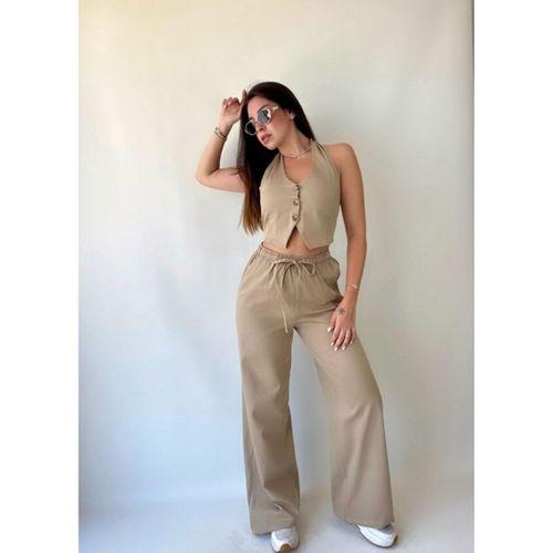 Kadın Gabardin Kumaş Boyundan Bağlamalı Yelek Bluz Salaş Pantolon İkili Takım