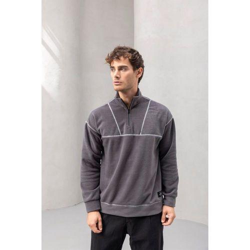 Crowe Çizgi Şeritli Oversize Yarım Fermuar Polar Erkek Sweatshirt - Füme