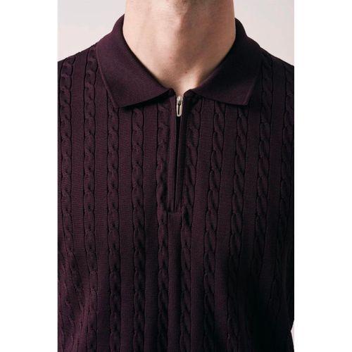 Burke Saç Örgü Yarım Fermuarlı Kısa Kollu İnce Triko Erkek T-Shirt - Bordo