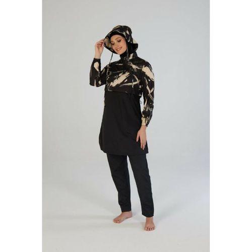 Estiva 26973 Siyah  Brushstroke Tam Kapalı Croplu Şapkalı Pantolonlu Tesettür Mayo