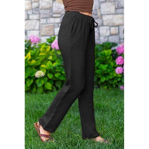 Beli Lastikli Multi Çift Cepli Müslin Kadın/Erkek Unisex Yazlık Pantolon Siyah Syh