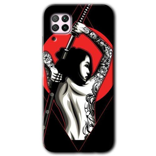 MRCİLETİSİM Huawei P40 Lite Kılıf Baskılı Kapak - Samurai Girl + 5D Tam Kaplayan Cam