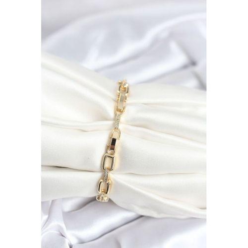 Pirinç Gold Renk Kare Zincir Model Zirkon Taşlı Kadın Bileklik - TJ-BB8030