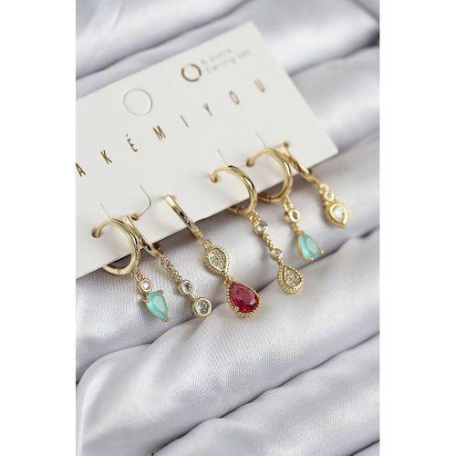 Pirinç Zirkon Taşlı Sallantılı Model Gold Renk 6'lı Küpe Set