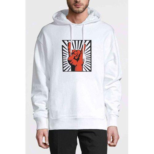 Rock'n Roll El Işareti Baskılı Beyaz Erkek Kapşonlu Sweatshirt