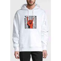 Rock'n Roll El Işareti Baskılı Beyaz Erkek Kapşonlu Sweatshirt