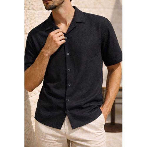 Doris Oversize Kalıp Odessa Kumaş Resort Yaka Kısa Kollu Erkek Gömlek - Siyah