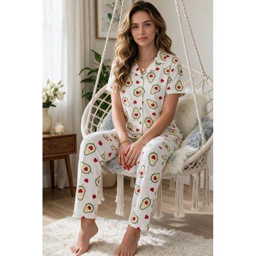 Kadın Pijama Takımı - Avokado Desenli Kısa Kollu Gömlek Yaka Milan Kumaş