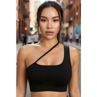 Kadın Siyah Modern Fit Tek Omuzlu Çapraz Askılı Crop Top Büstiyer