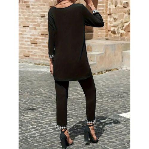 Kadın Uzun Kollu Yuvarlak Yakalı Kaz Ayağı Detaylı Viskon Iki Iplik Bluz Ve Pantolon Ikili Takım