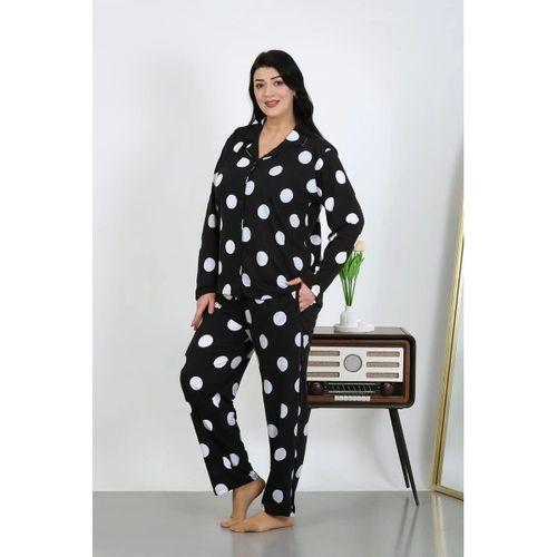 Kadın Büyük Beden Pamuklu Cepli Düğmeli Siyah Pijama Takım