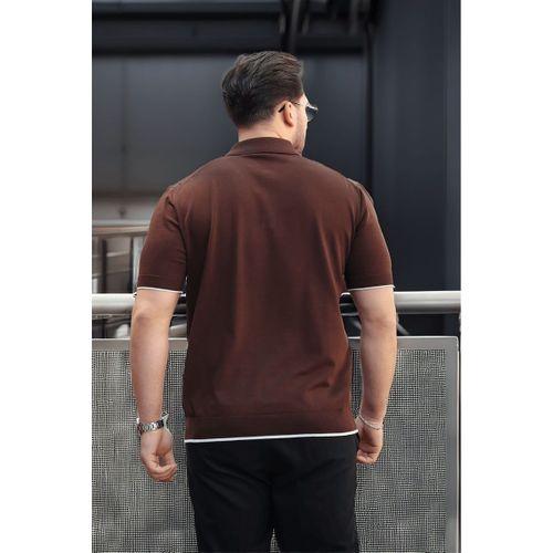 Premium Şerit Detaylı Viskon Polo Yaka Triko Erkek T-Shirt - Kahve