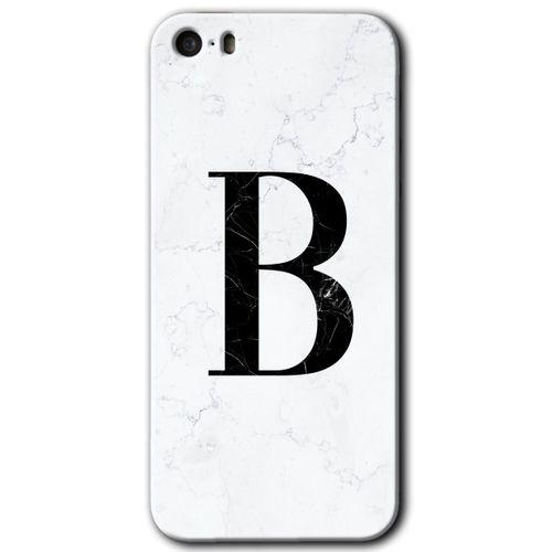 iPhone 5 Kılıf HD Desen Baskılı Arka Kapak + Temperli Cam - Beyaz Mermer Desenli B Harfi