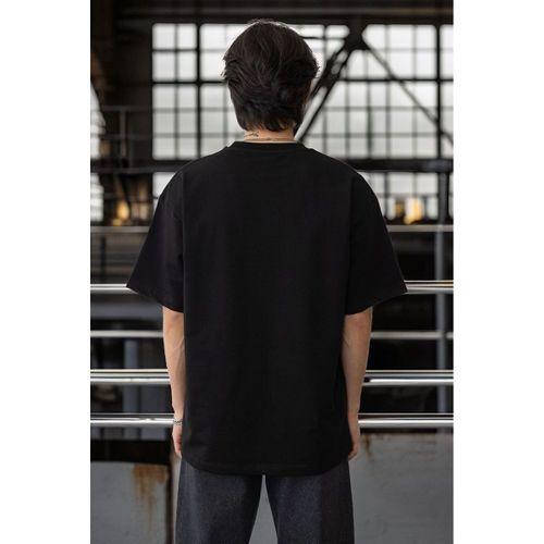Cep Baskılı İki İplik Kumaş Pamuklu Oversize Erkek T-Shirt - Siyah