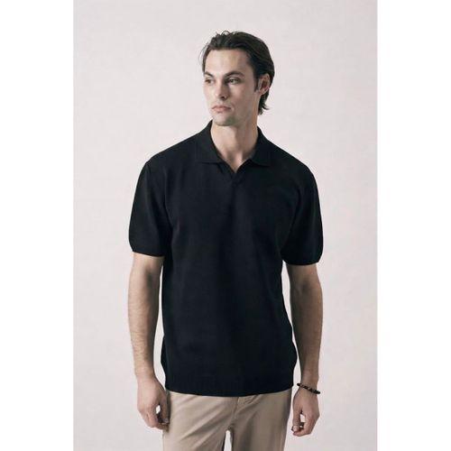 Dawson Polo V Yaka Düğmesiz Kısa Kollu İnce Triko Erkek T-Shirt - Siyah