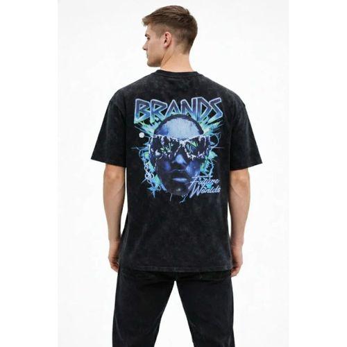 Erkek Asit Yıkamalı Oversize Tişört Future Worlds Baskılı Bisiklet Yaka Kısa Kollu Streetwear %100 Pamuk Street Style T-Shirt - Siyah