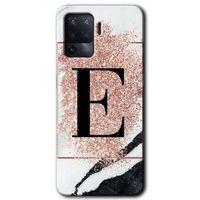 Oppo Reno 5 Lite Kılıf HD Desen Baskılı Arka Kapak - Pembe Mermer Desenli E Harfi + Kırılmaz Cam