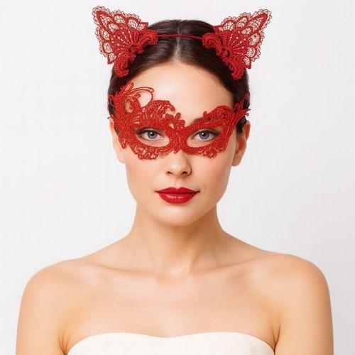 Gizemli Kırmızı Dantel Maske ve Taç Seti 1 No - Kostüm Seti