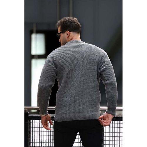 Oversize Selanik Örgülü Bisiklet Yaka Erkek Triko Kazak - Füme