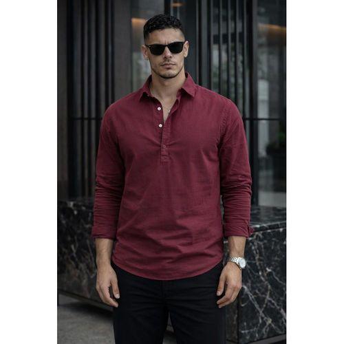 Yarım Pat Yakalı York Pamuk Kumaşlı Uzun Kollu Erkek Gömlek - Bordo