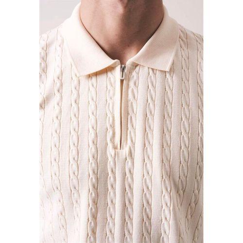 Burke Saç Örgü Yarım Fermuarlı Kısa Kollu İnce Triko Erkek T-Shirt - Bej