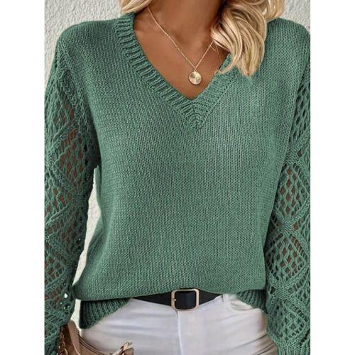 Kadın Uzun Kollu V Yaka Kol Delikli Baklava Desen Detaylı Triko Kazak