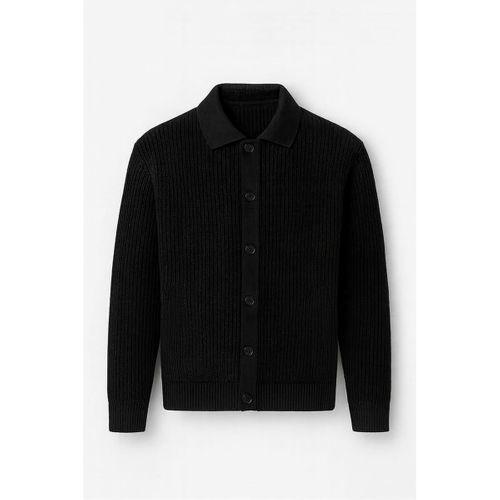Oversize Selanik Örgü Düğmeli Erkek Hırka-Siyah