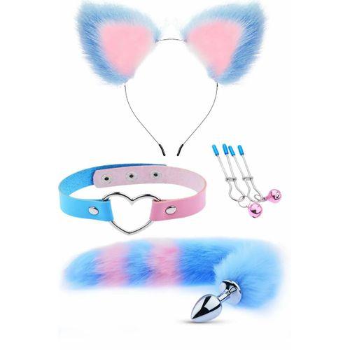 Choker Klips Tüylü Kulak Seti Pembe Mavi Kedi Kuyruklu Paslanmaz Çelik Anal Butt Plug
