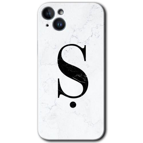 iPhone 14 Plus Kılıf HD Desen Baskılı Arka Kapak - Temperli Cam - Beyaz Mermer Desenli Ş Harfi