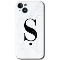 iPhone 14 Plus Kılıf HD Desen Baskılı Arka Kapak - Temperli Cam - Beyaz Mermer Desenli Ş Harfi