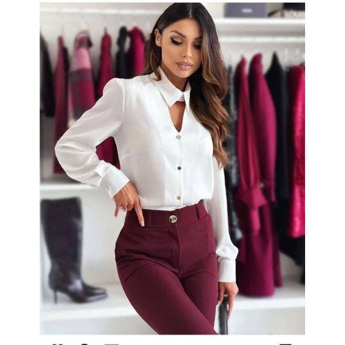 Kadın Dokuma Viskon Kumaş V Yaka Dekolte Ve Metal Düğme Detaylı Gömlek