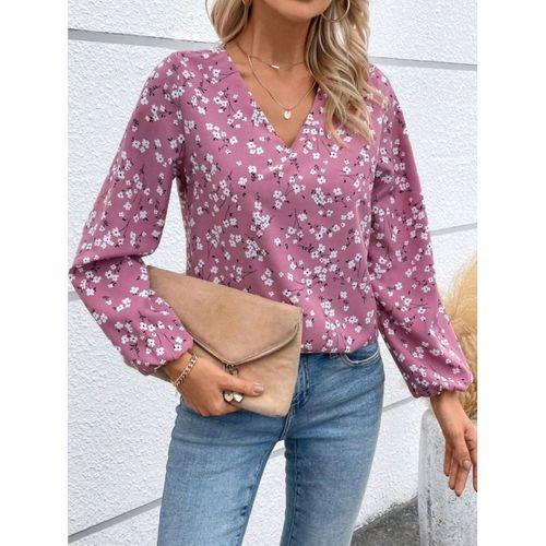 Kadın Uzun Kollu V Yakalı çiçek Desenli Modal Bluz