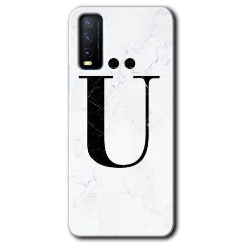 Vivo Y20s Kılıf HD Desen Baskılı Arka Kapak - Beyaz Mermer Desenli Ü Harfi + Kırılmaz Cam