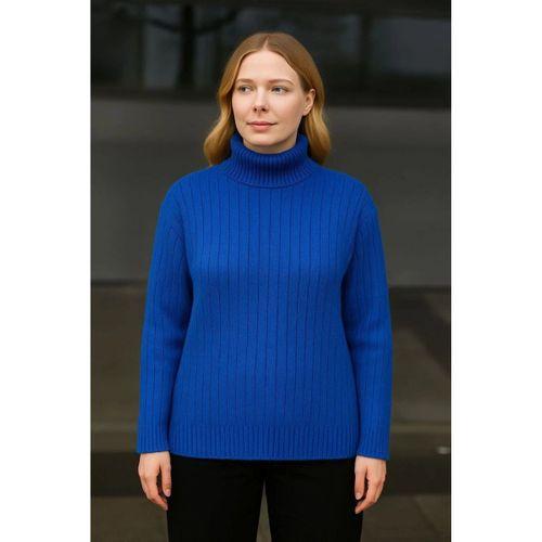 Balıkcı Yaka Bağazlı Triko Kazak Pamuklu Kalın Fitilli Dokuma - Saks Mavisi