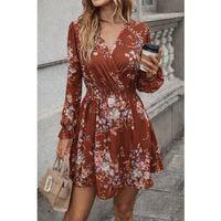 Kadın Uzun Kollu Kruvaze Yakalı çiçek Desenli Mini Süprem Elbise