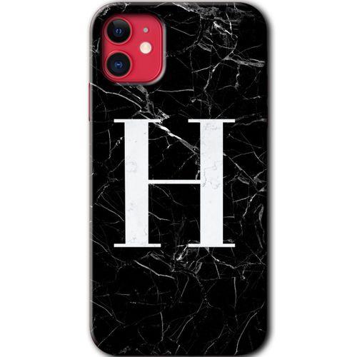 iPhone 11 HD Baskılı Kılıf + 9D Tam Ekran Koruyucu - Siyah Mermer Desenli H Harfi