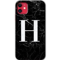 iPhone 11 HD Baskılı Kılıf + 9D Tam Ekran Koruyucu - Siyah Mermer Desenli H Harfi