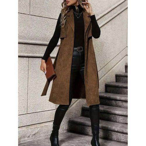 Kadın Kolsuz Yakalı önü Açık Belden Kuşaklı Süet Midi Yelek