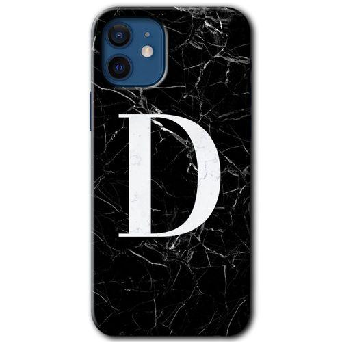 iPhone 12 Kılıf HD Desen Baskılı Arka Kapak - Siyah Mermer Desenli D Harfi