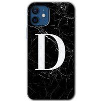 iPhone 12 Kılıf HD Desen Baskılı Arka Kapak - Siyah Mermer Desenli D Harfi